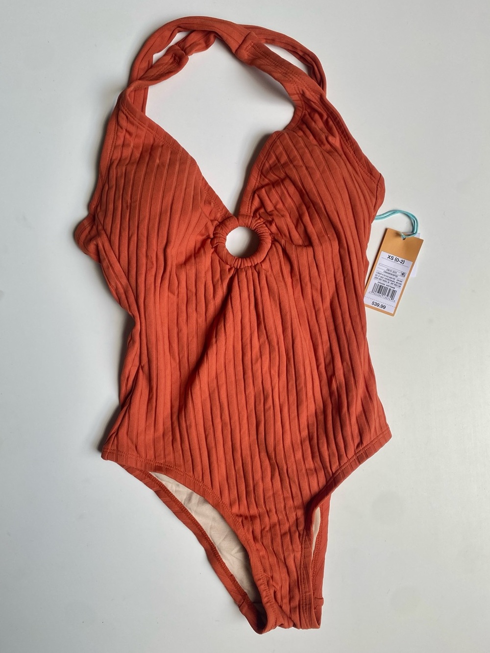 Kona Sol Ribbed Halter One-Piece Swimsuit in Terracotta Orange XS